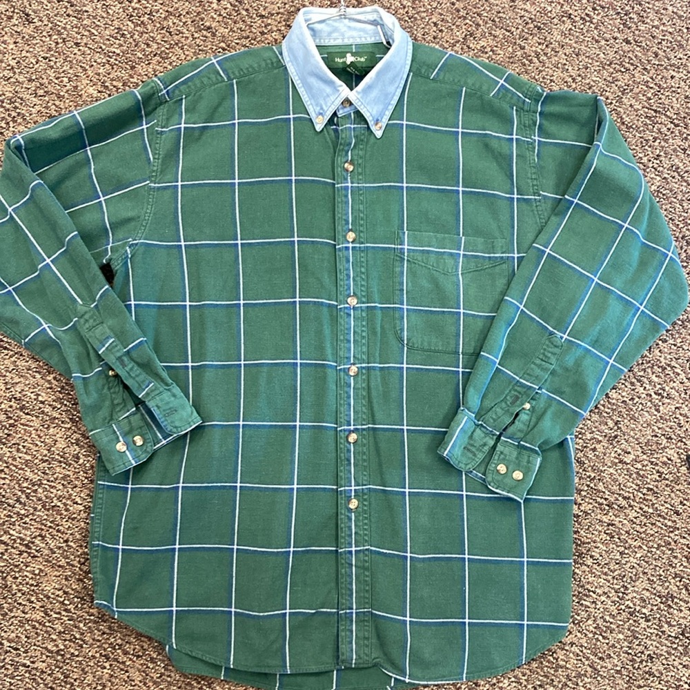 Vintage hunt club men’s flannel shirt with denim collar size large 100% Cotton